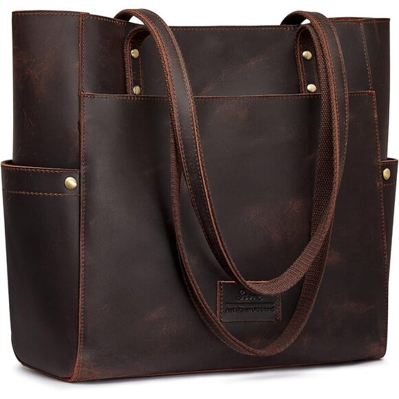 Genuine Leather Tote Bag - Vintage Large Shoulder Purse for Elegant Women